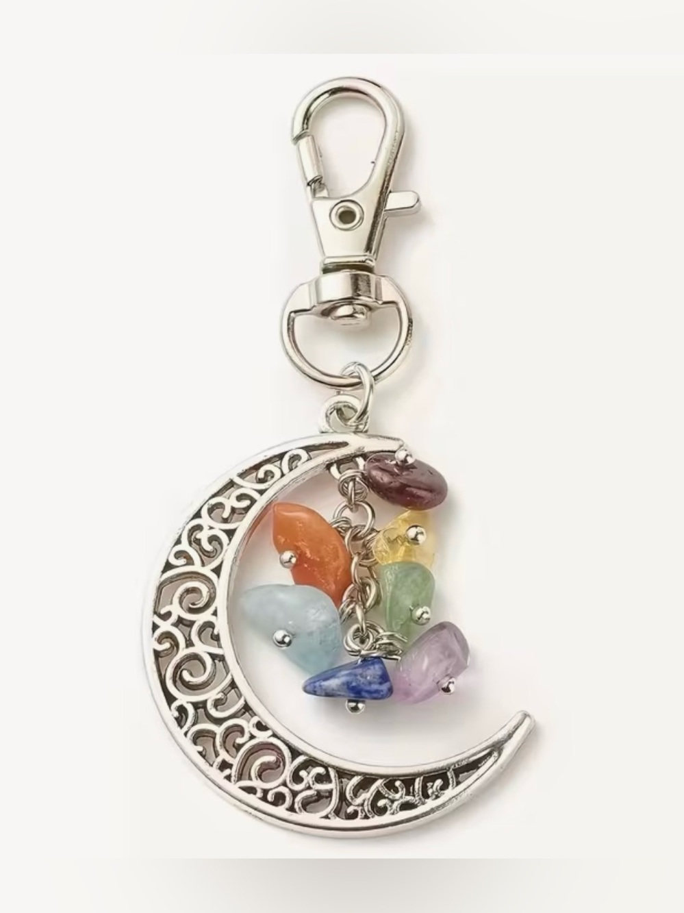 Celestial Crescent Moon Crystal Chip Keychain Bag Charm One of a Kind Stone Mix